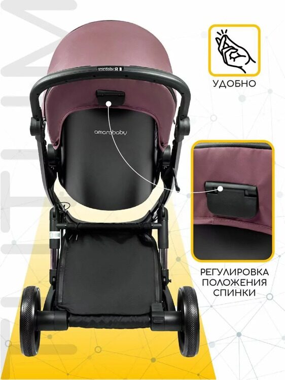 Коляска детская 2 в 1 с автоматическим тормозом AMAROBABY TUTUM, розовый