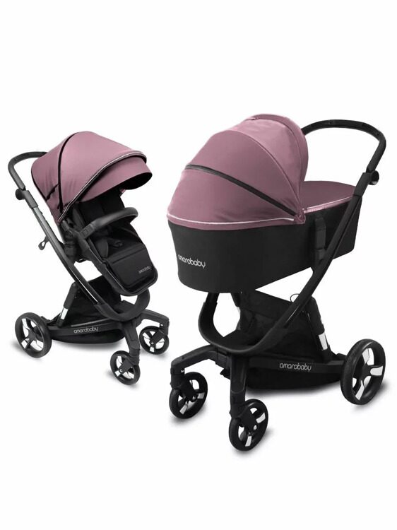 Коляска детская 2 в 1 с автоматическим тормозом AMAROBABY TUTUM, розовый