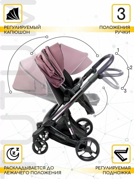 Коляска детская 2 в 1 с автоматическим тормозом AMAROBABY TUTUM, розовый